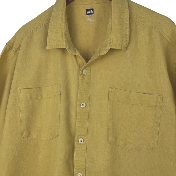 REI Shirt Men's XXL Yellow Short Sleeve Button Up Linen Cotton Blend Outdoor - Picture 3 of 9